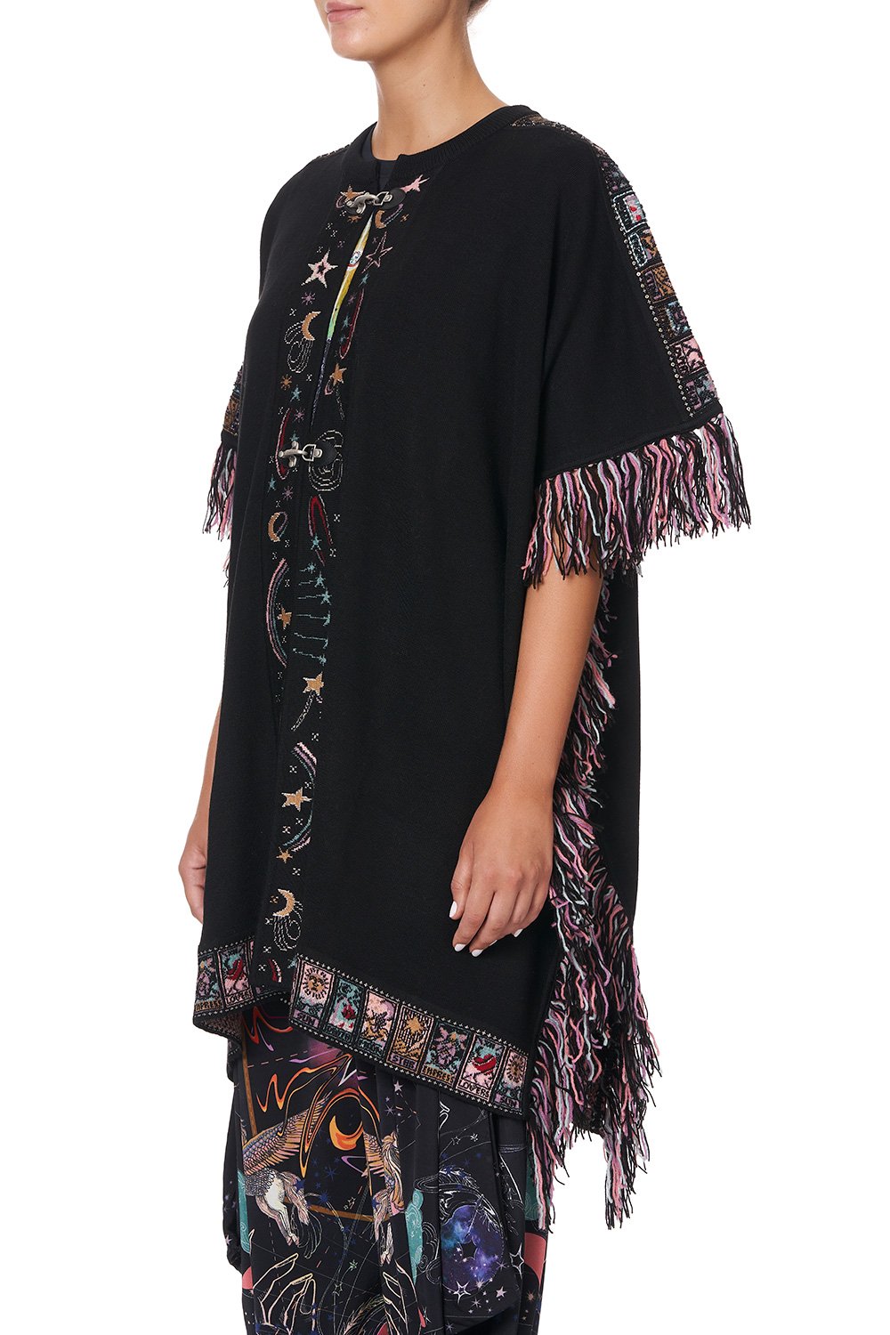 KNIT JACQUARD PONCHO WITH HARDWARE MIDNIGHT MOON HOUSE