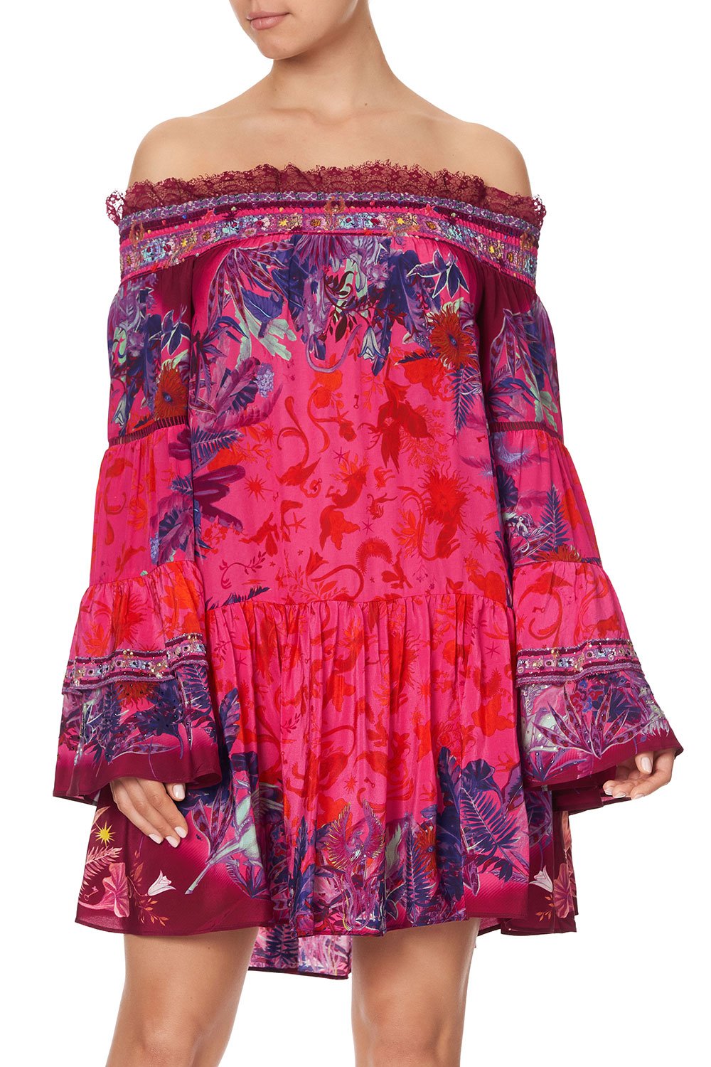 OFF SHOULDER DRESS WITH SMOCKING TROPIC OF NEON