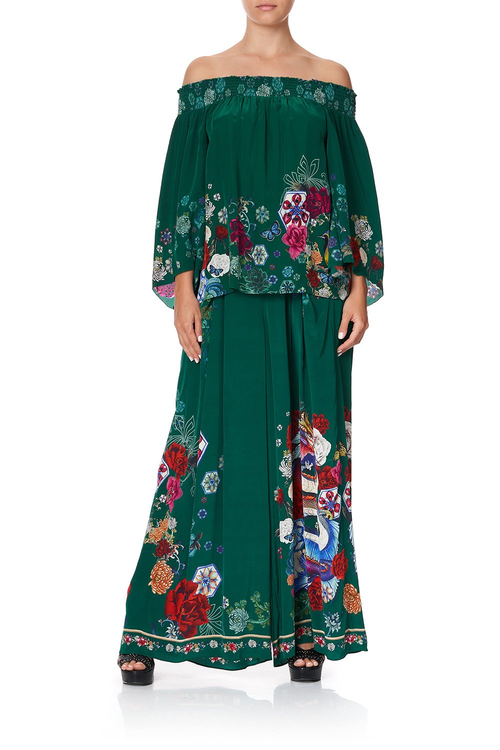 OFF SHOULDER SHIRRED BLOUSE EMERALD'S ORBIT