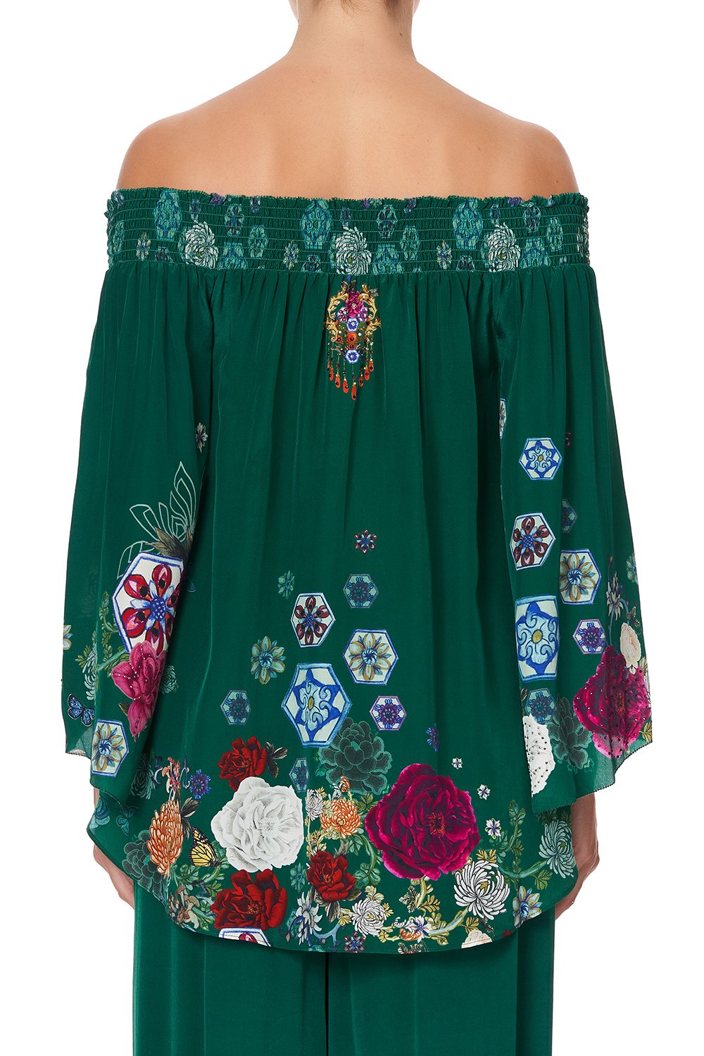 OFF SHOULDER SHIRRED BLOUSE EMERALD'S ORBIT