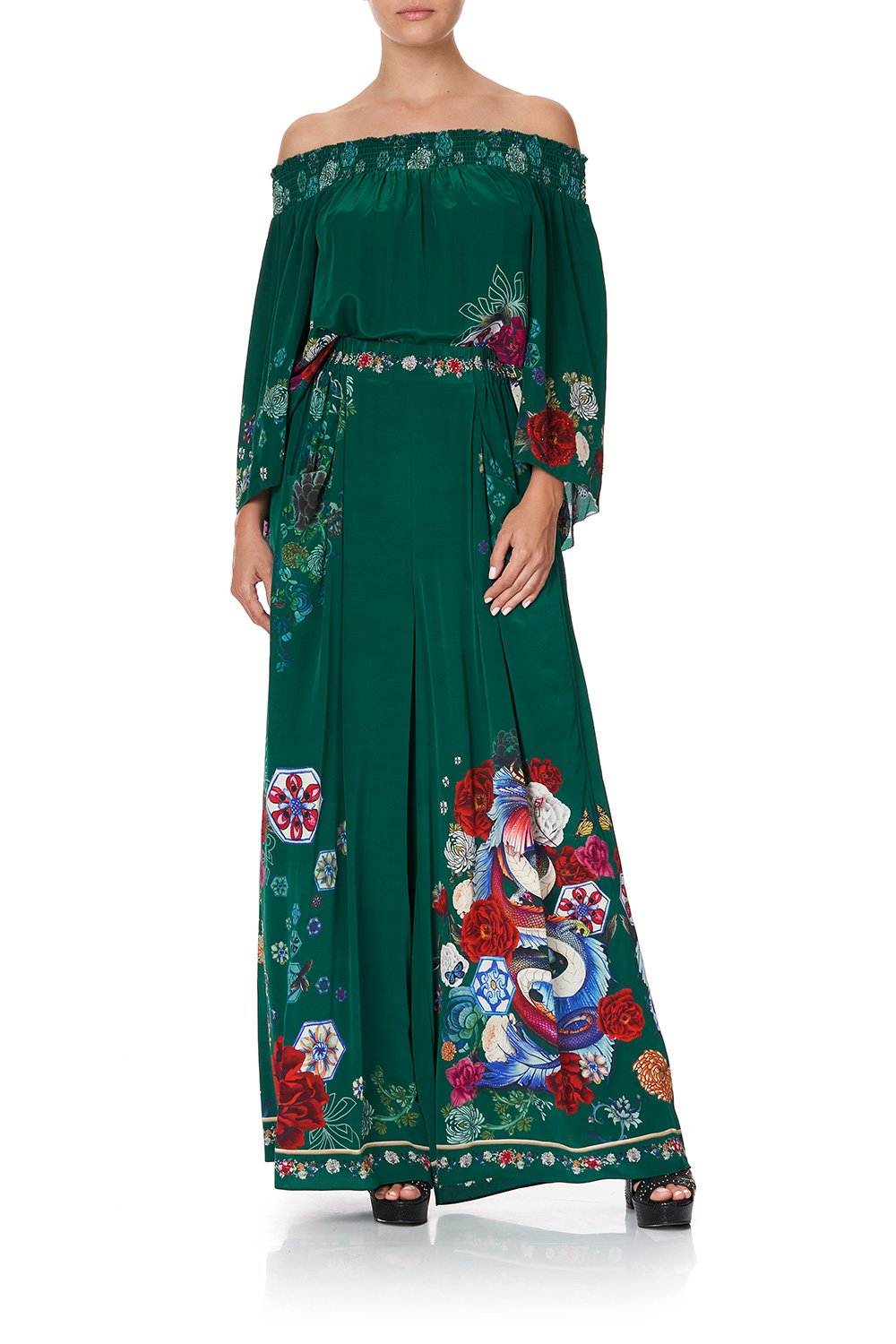 OFF SHOULDER SHIRRED BLOUSE EMERALD'S ORBIT