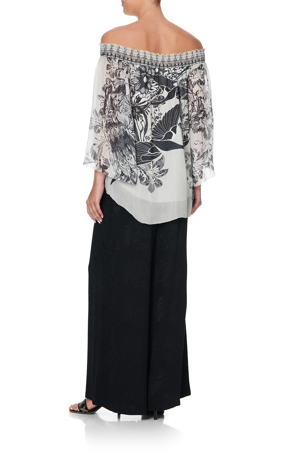 OFF SHOULDER SHIRRED BLOUSE SILVER LININGS