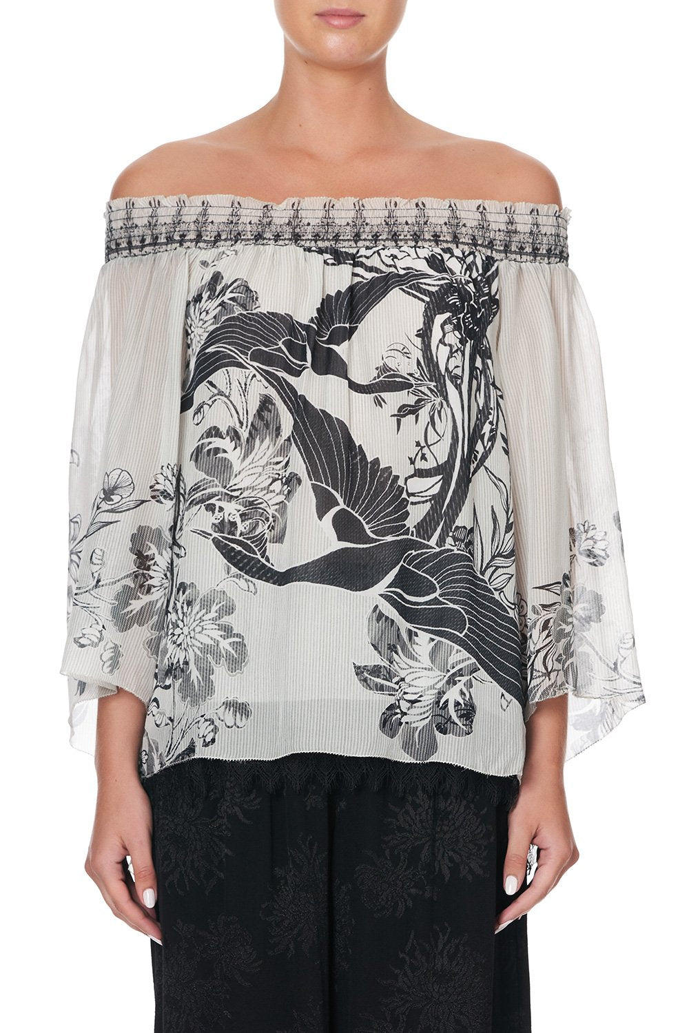 OFF SHOULDER SHIRRED BLOUSE SILVER LININGS