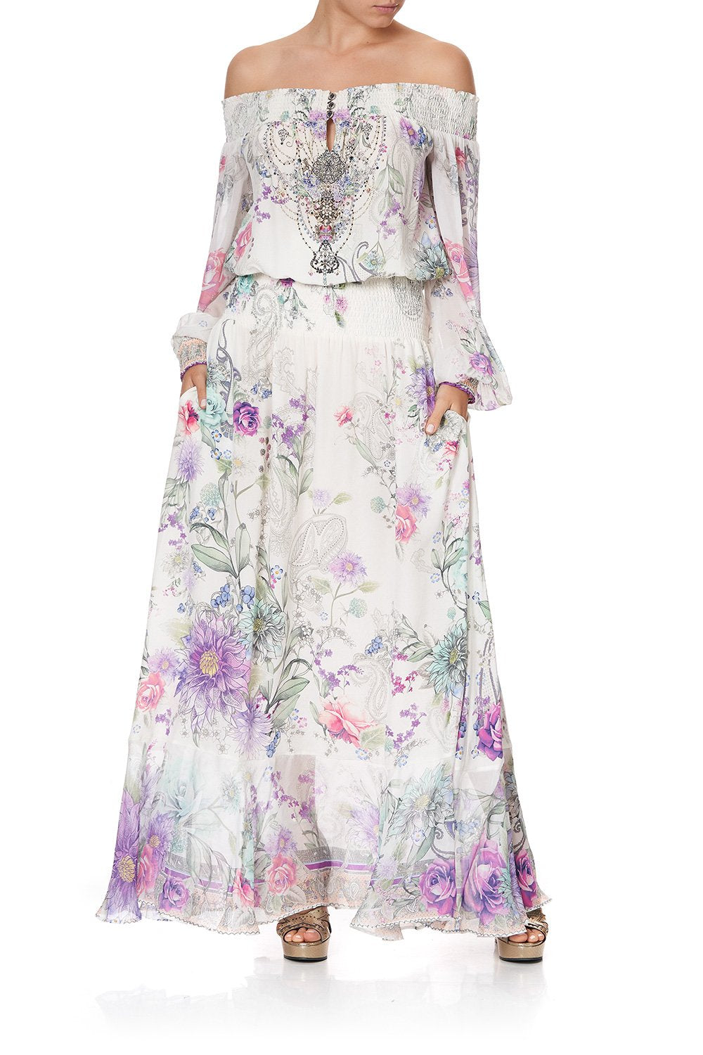 OFF SHOULDER SHIRRED DRESS FOREVER FAR