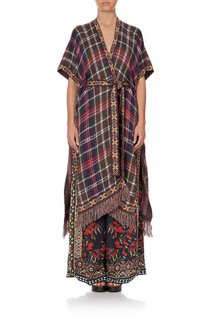 TIE FRONT PONCHO WITH FRINGING PAVED IN PAISLEY