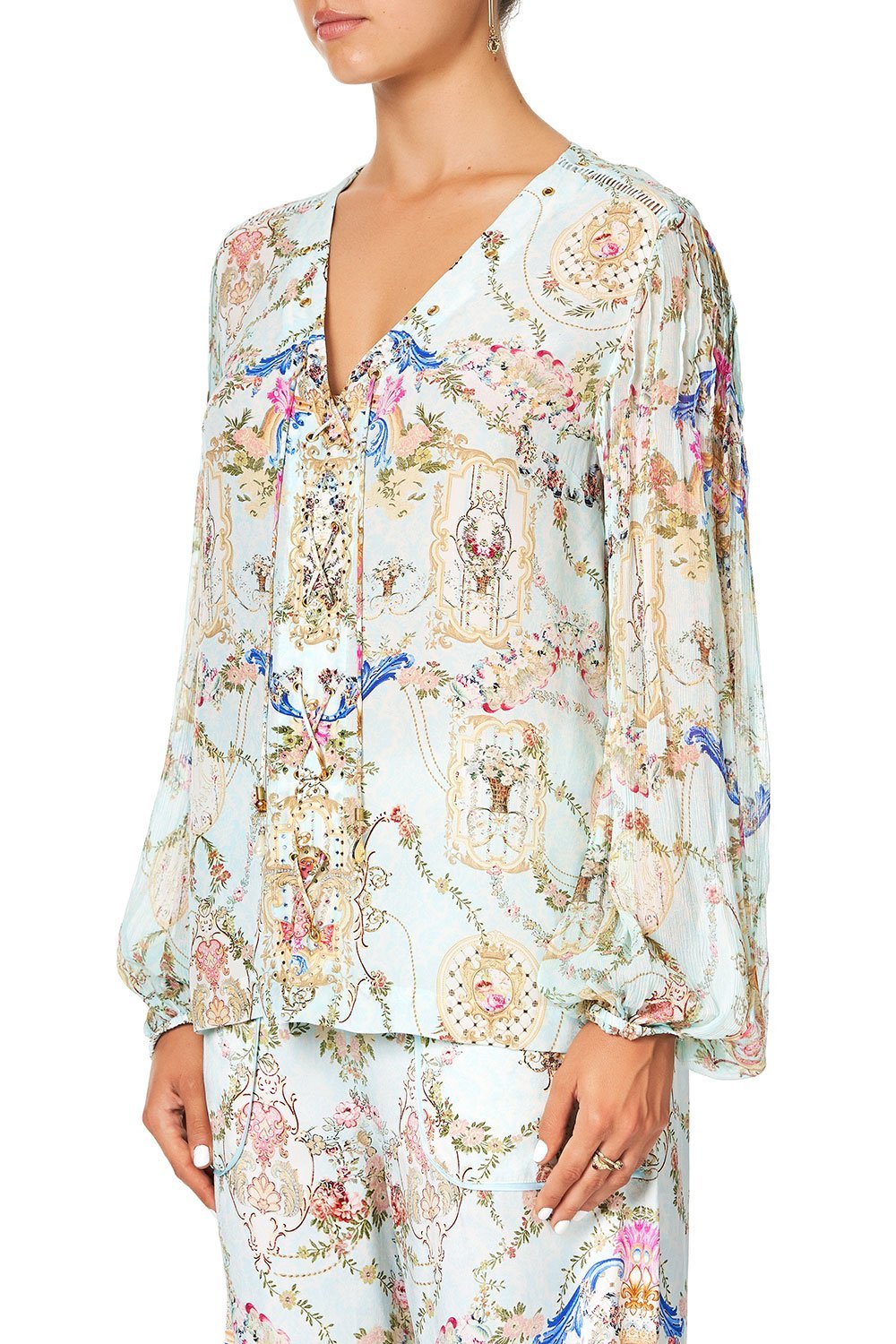 CAMILLA PEASANT BLOUSE WITH FRONT VERSAILLES SKY