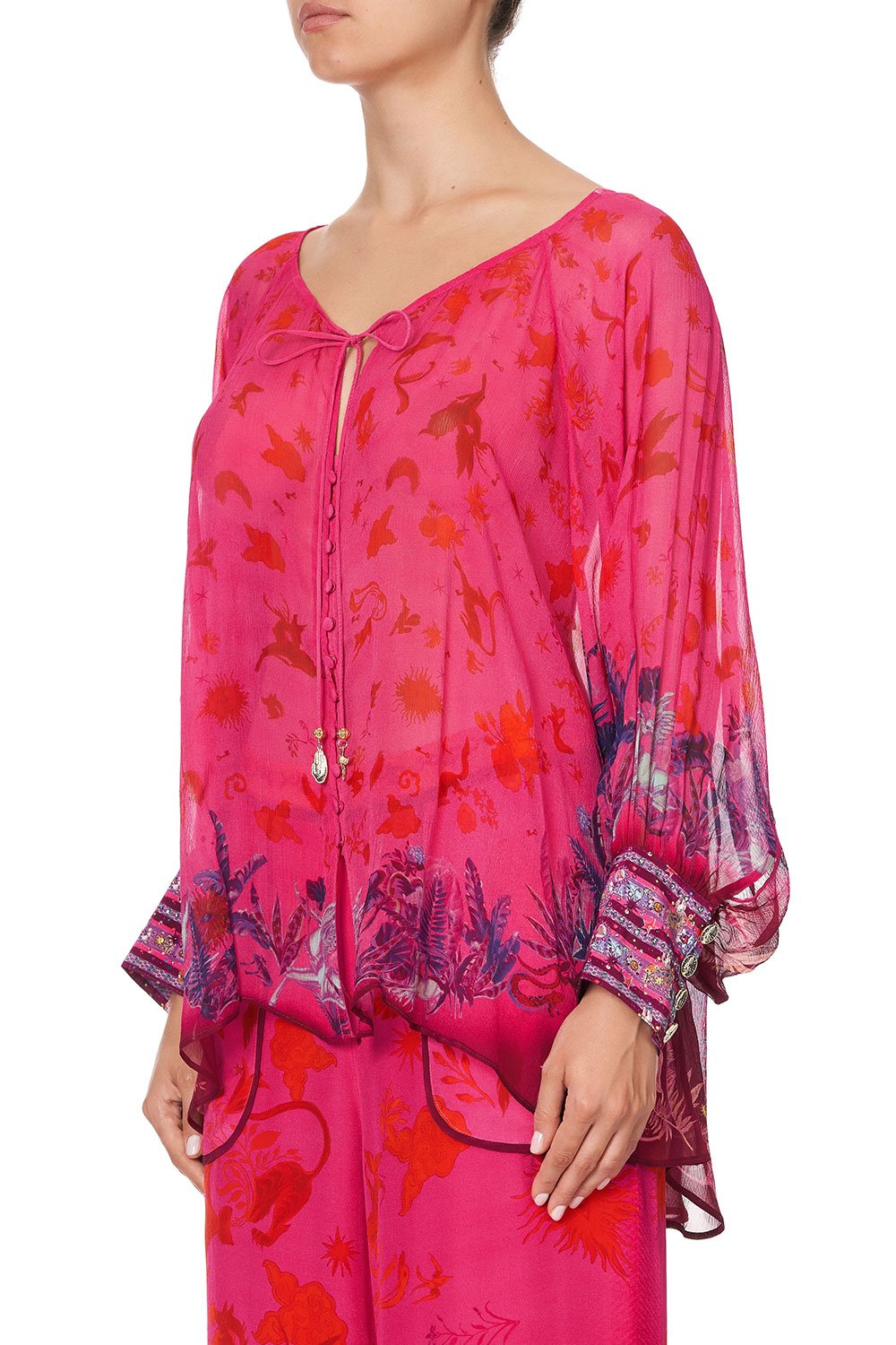 RAGLAN SLEEVE BUTTON UP TOP TROPIC OF NEON