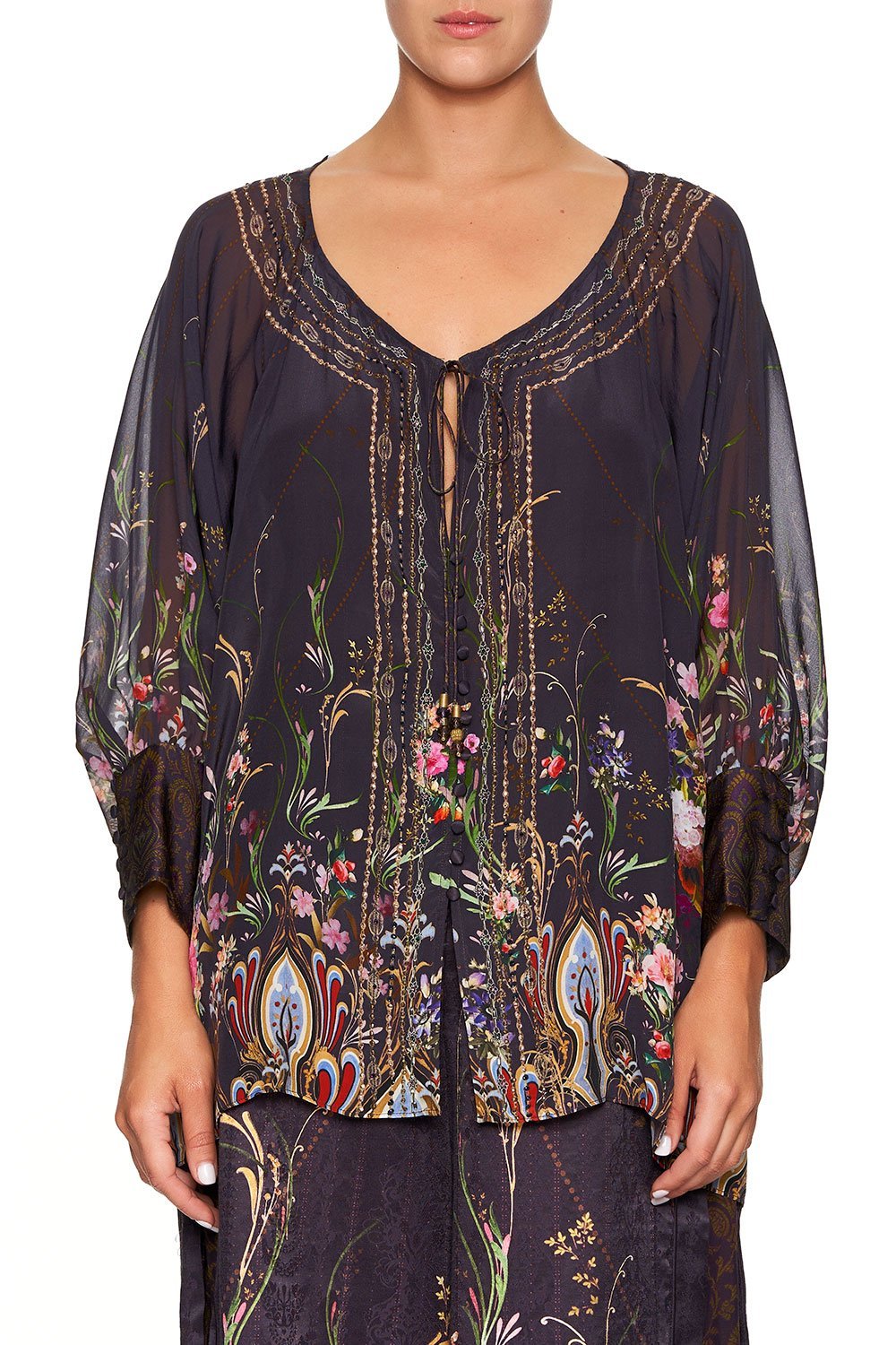 CAMILLA RAGLAN SLEEVE BUTTON UP TOP WILD FLOWER