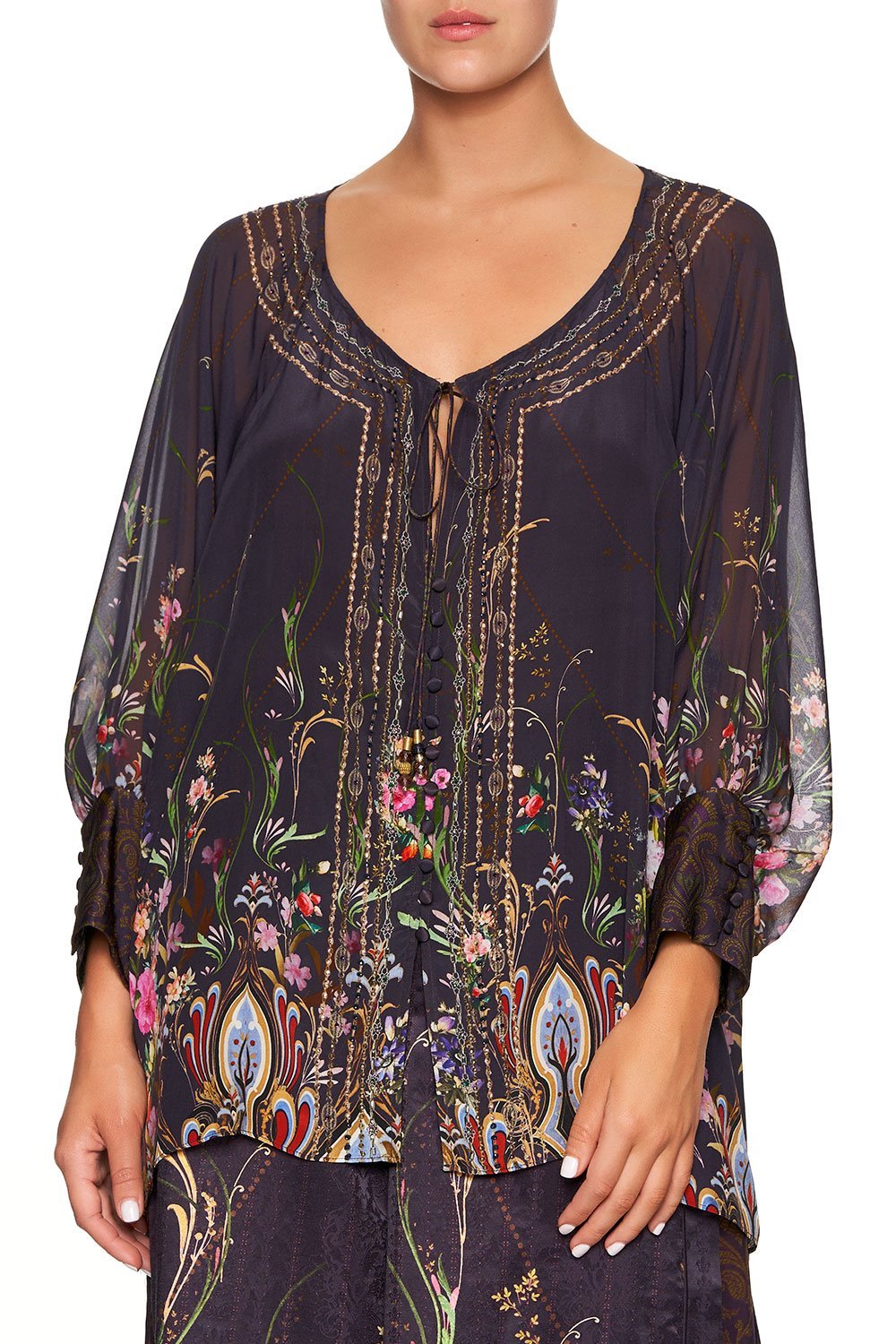 CAMILLA RAGLAN SLEEVE BUTTON UP TOP WILD FLOWER