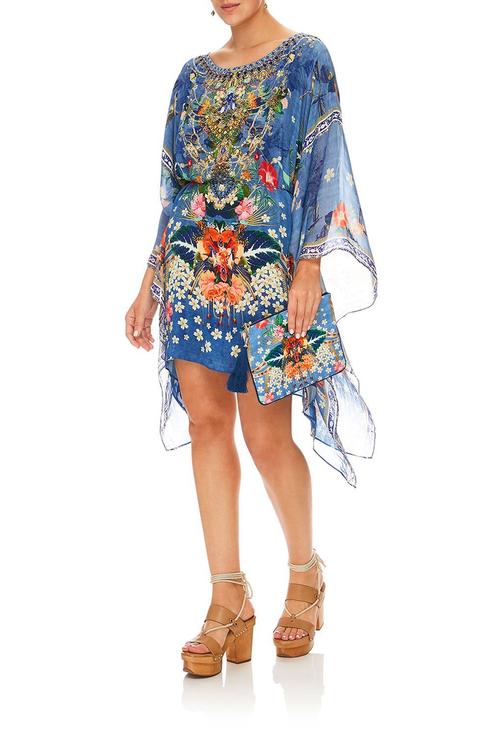 CAMILLA FARAWAY FLORALS SHORT KAFTAN W/ SHEER SLEEVE