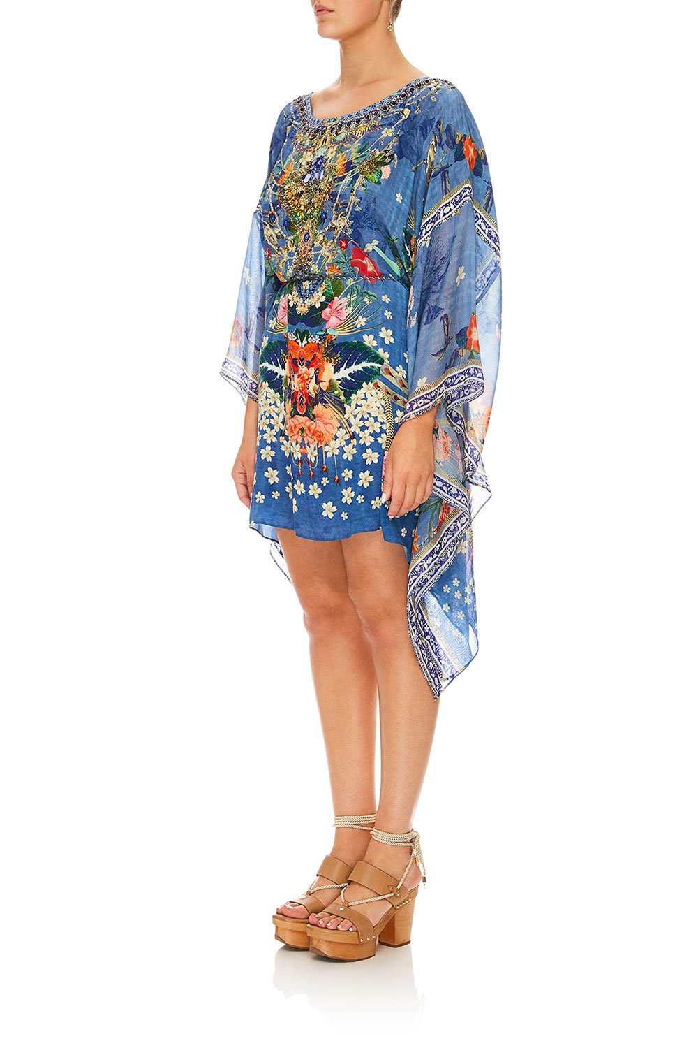 CAMILLA FARAWAY FLORALS SHORT KAFTAN W/ SHEER SLEEVE