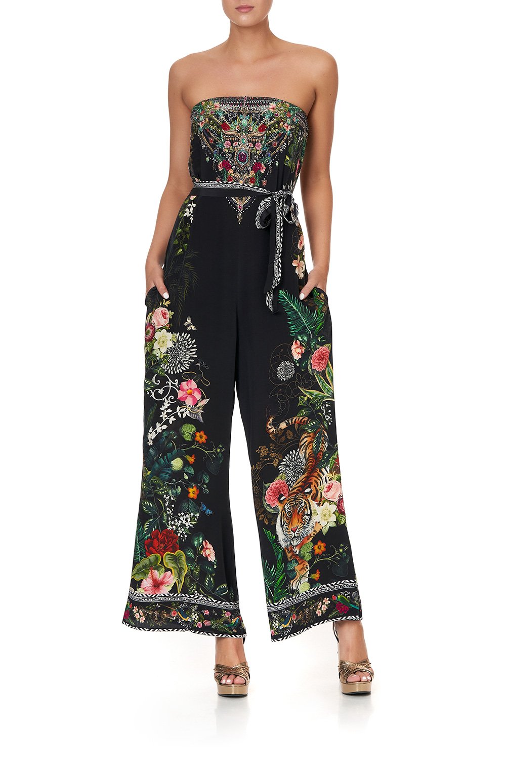 STRAPLESS JUMPSUIT WITH D RING BELT RAISED WITH WOLVES