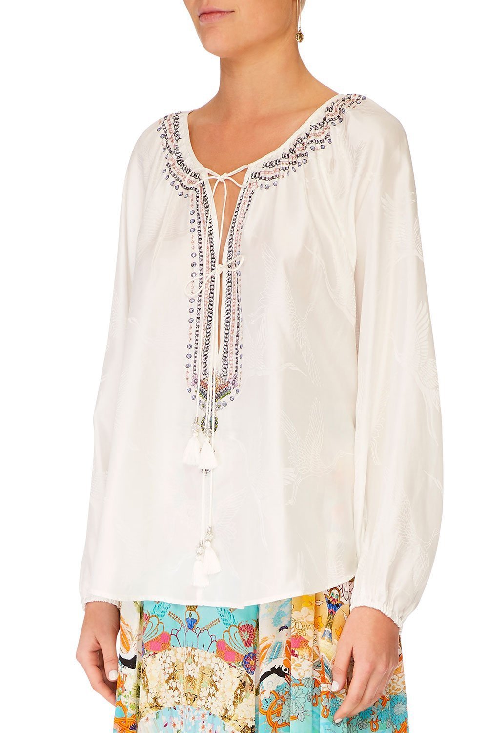 CAMILLA SOLID WHITE TIE FRONT HIGH LOW HEM BLOUSE