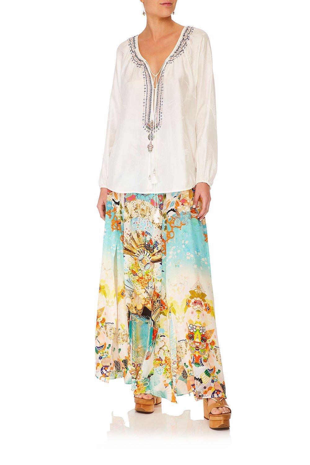 CAMILLA SOLID WHITE TIE FRONT HIGH LOW HEM BLOUSE