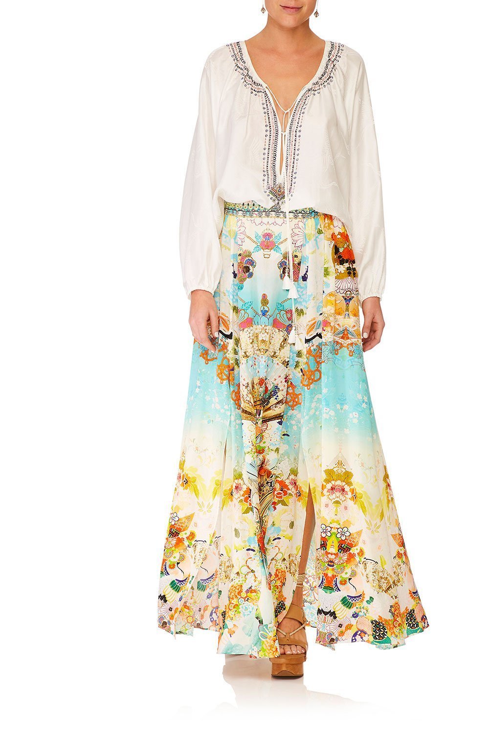 CAMILLA SOLID WHITE TIE FRONT HIGH LOW HEM BLOUSE