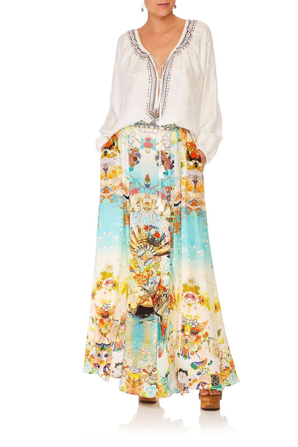 CAMILLA SOLID WHITE TIE FRONT HIGH LOW HEM BLOUSE