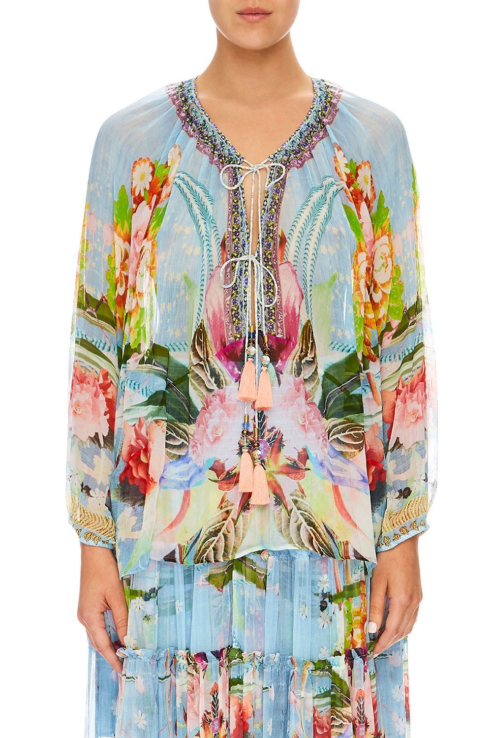 CAMILLA THE STILL ABYSS TIE FRONT HIGH LOW HEM BLOUSE