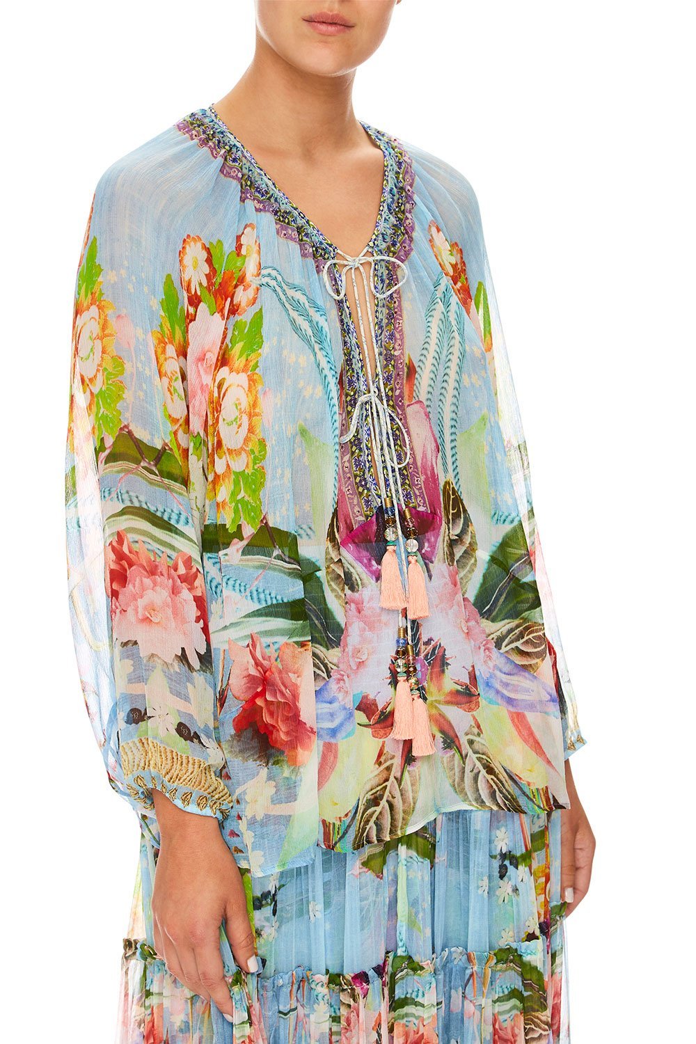 CAMILLA THE STILL ABYSS TIE FRONT HIGH LOW HEM BLOUSE