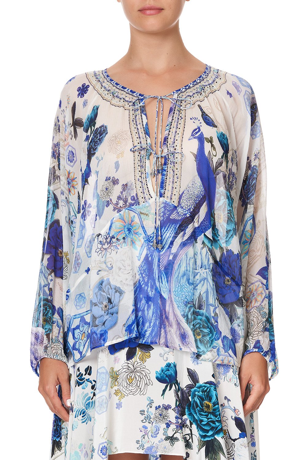 TIE FRONT HIGH LOW HEM BLOUSE WHITE SIDE OF THE MOON