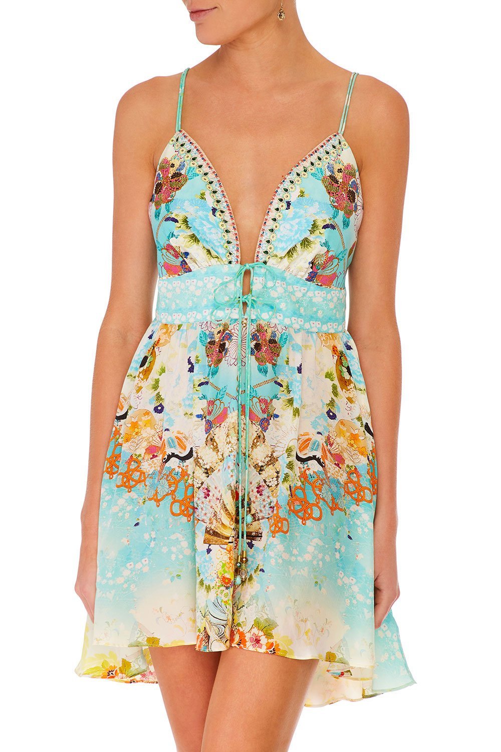 CAMILLA TIE FRONT MINI DRESS RETRO'S RAINBOW