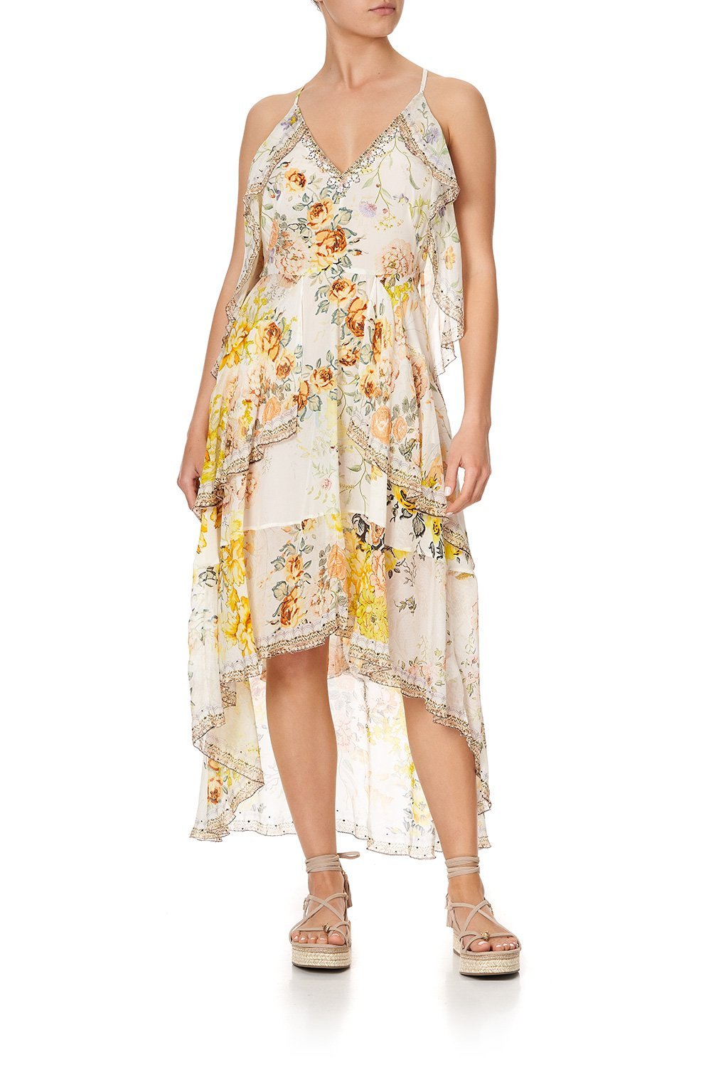 V-NECK FITTED DRESS WITH RUFFLES IN THE HILLS OF TUSCANY