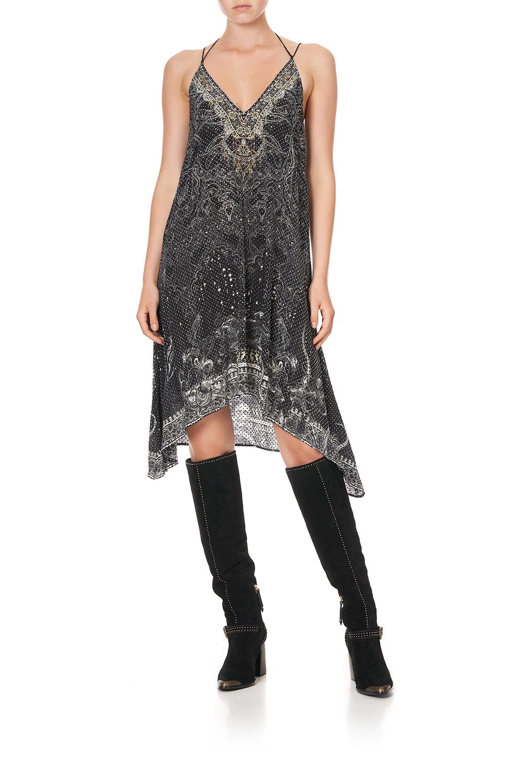 V-NECK STRAPPY FLARE DRESS MIDNIGHT PEARL