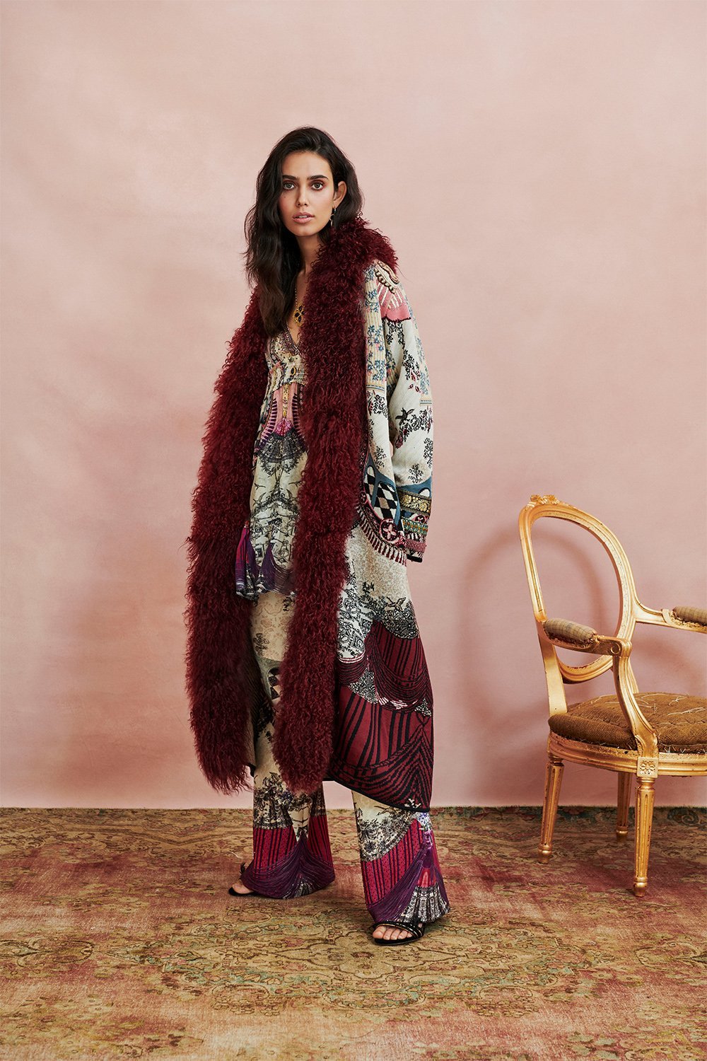 LONG KNIT JACQUARD COAT WITH FUR VIOLET CITY