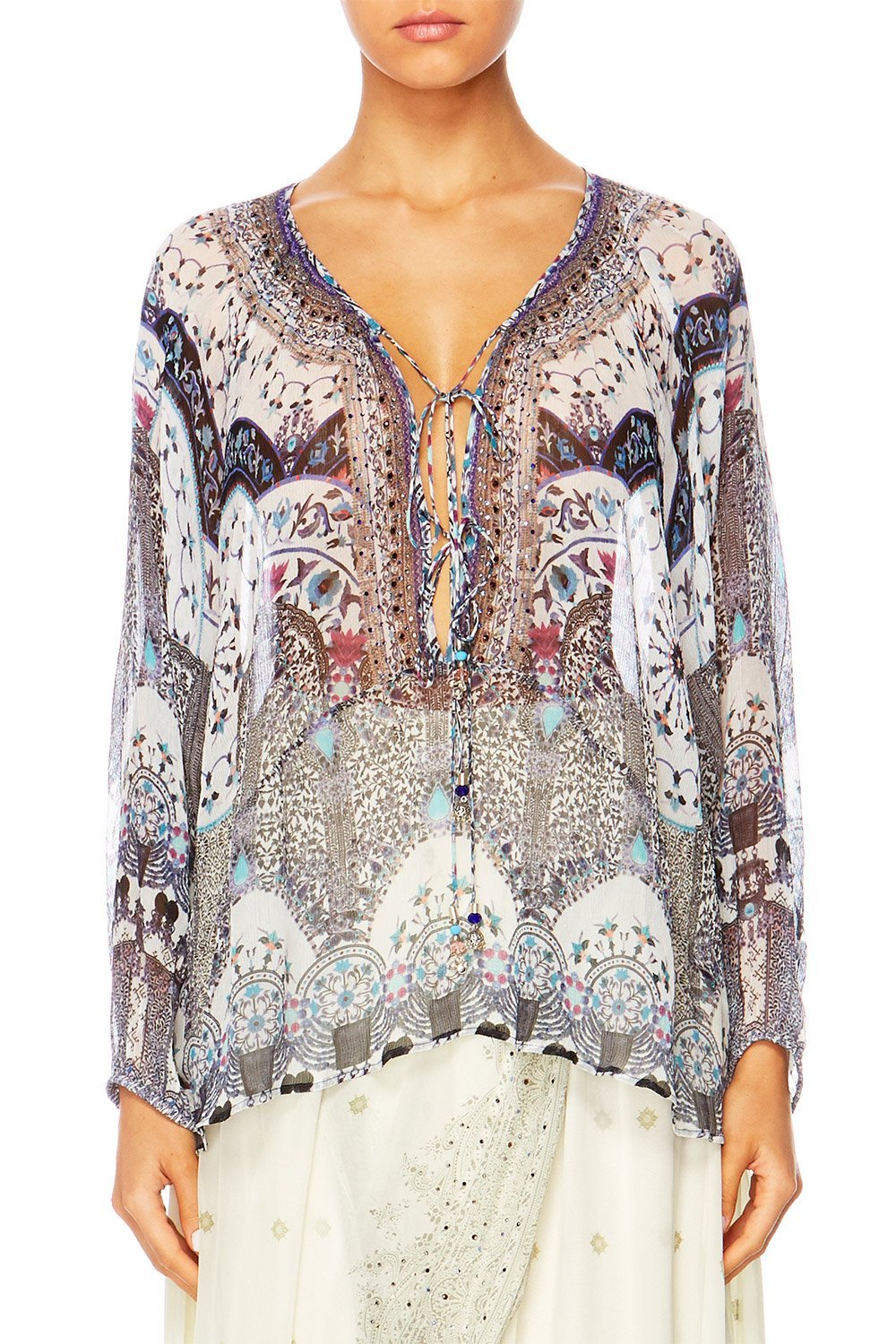 IN THE CONSTELLATIONS TIE FRONT HIGH LOW HEM BLOUSE