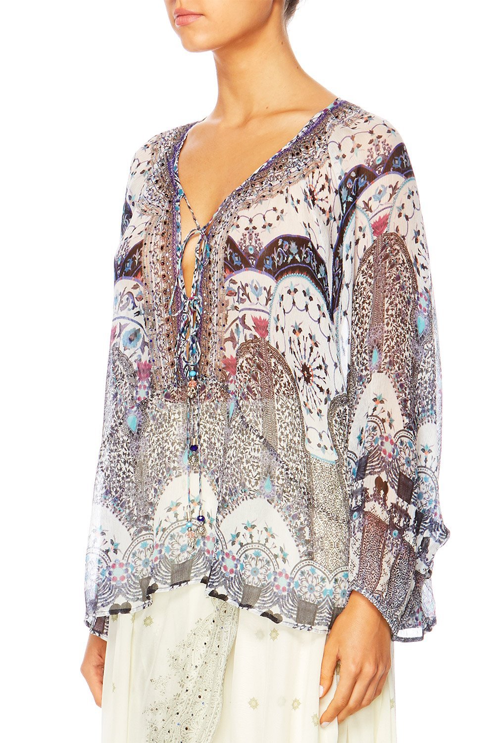 IN THE CONSTELLATIONS TIE FRONT HIGH LOW HEM BLOUSE