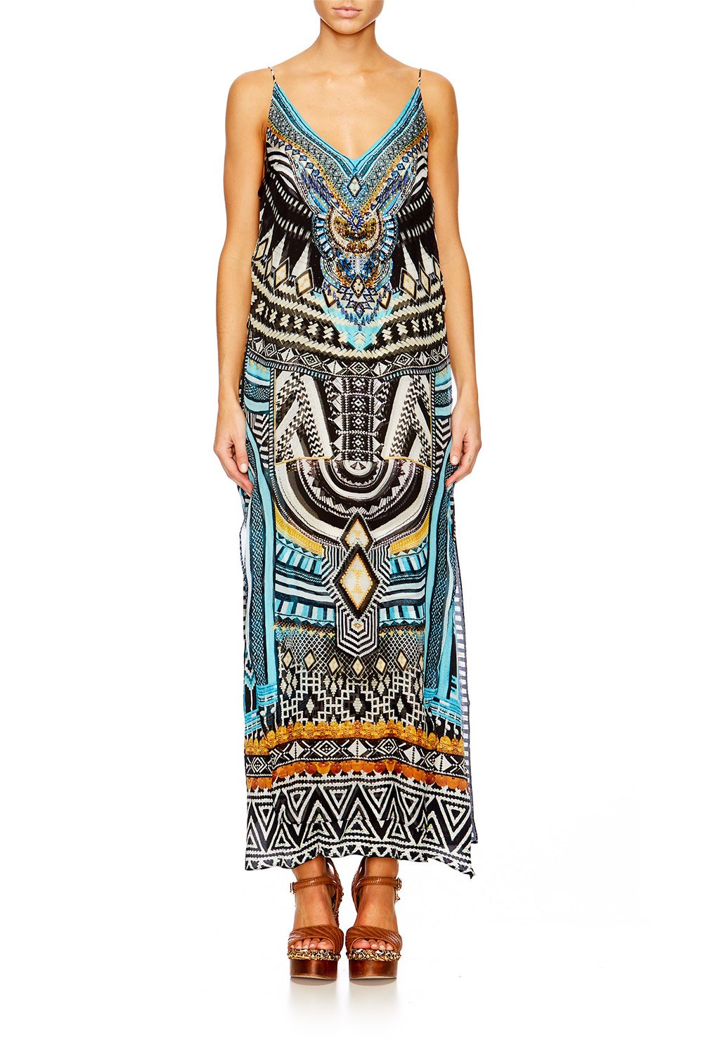 RUNAWAY READY OVERLAY V NECK LONG DRESS
