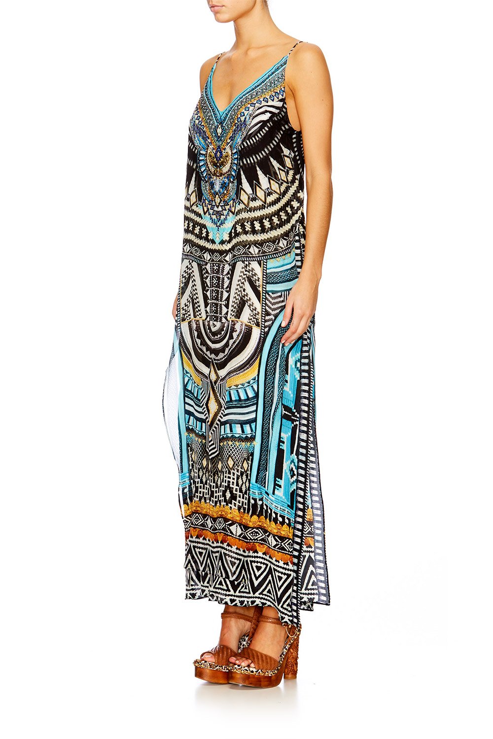 RUNAWAY READY OVERLAY V NECK LONG DRESS