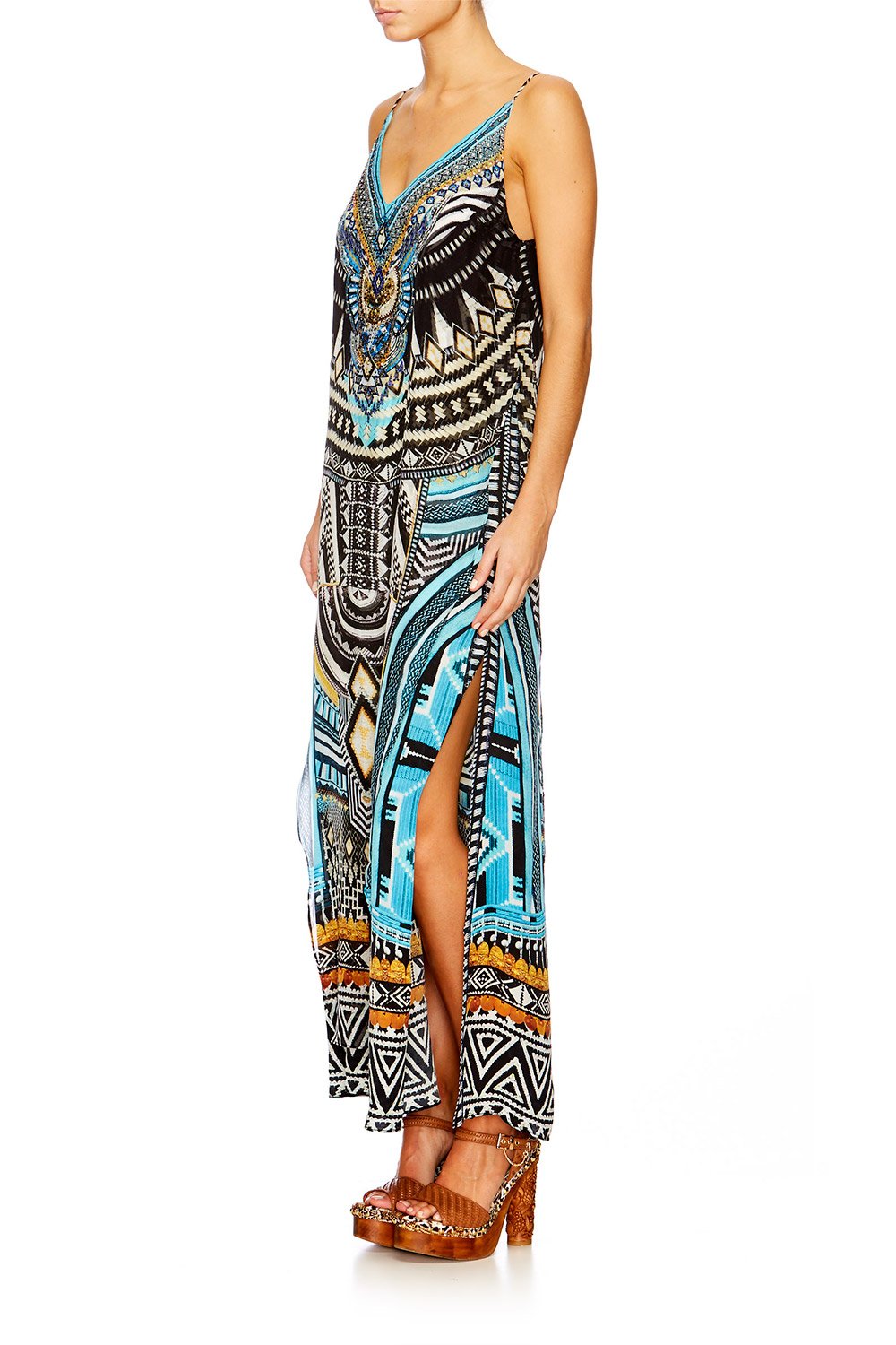 RUNAWAY READY OVERLAY V NECK LONG DRESS