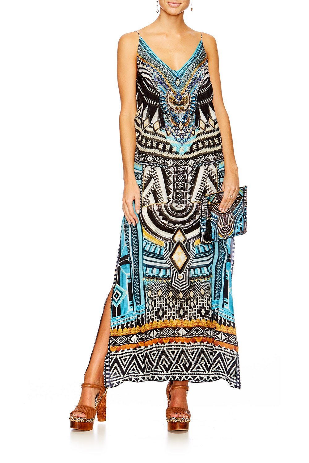 RUNAWAY READY OVERLAY V NECK LONG DRESS