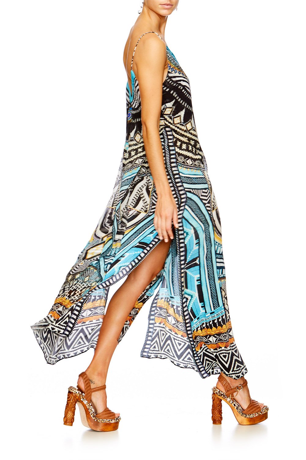 RUNAWAY READY OVERLAY V NECK LONG DRESS