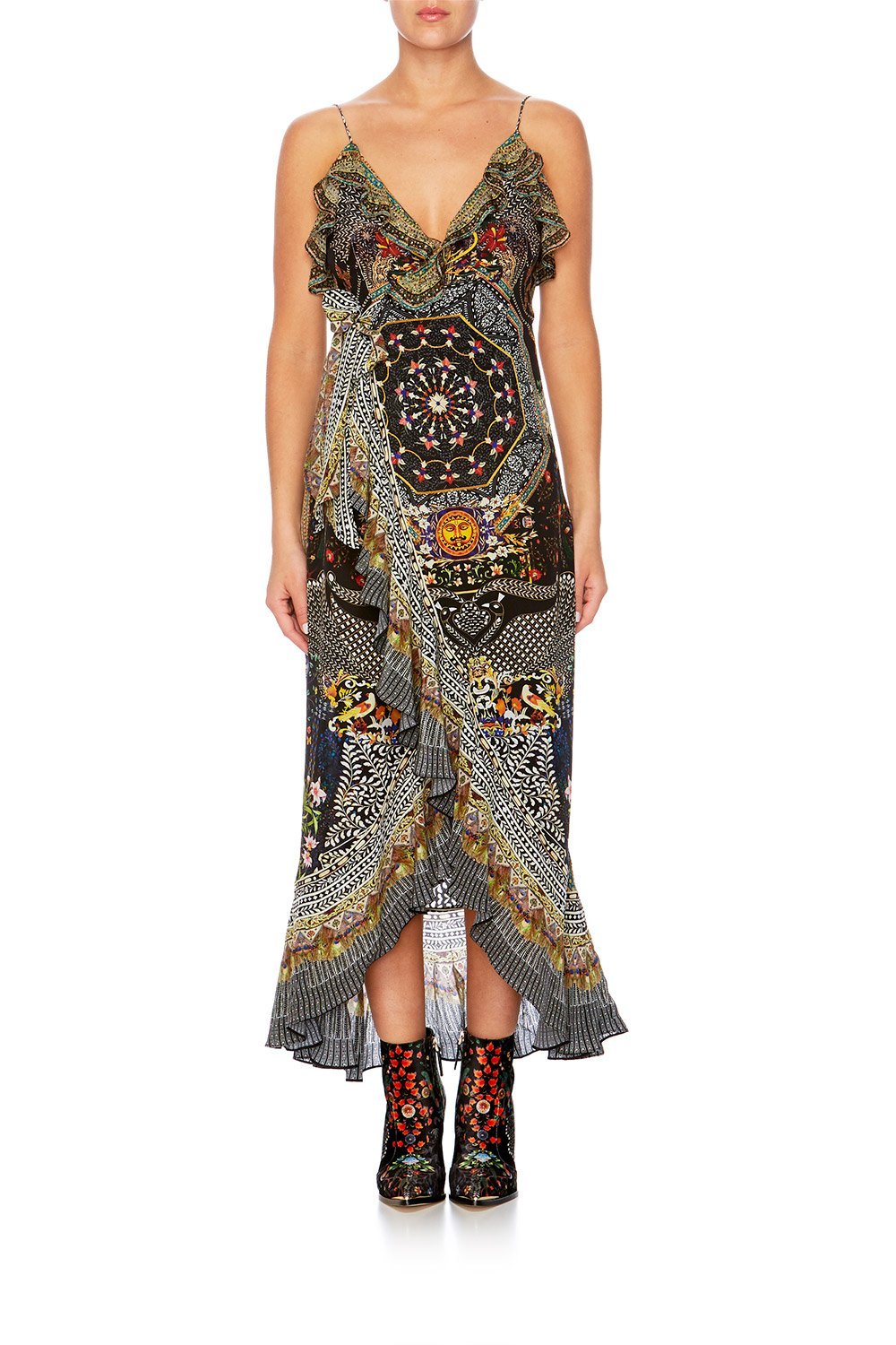 BEHIND CLOSED DOORS LONG WRAP DRESS W FRILL