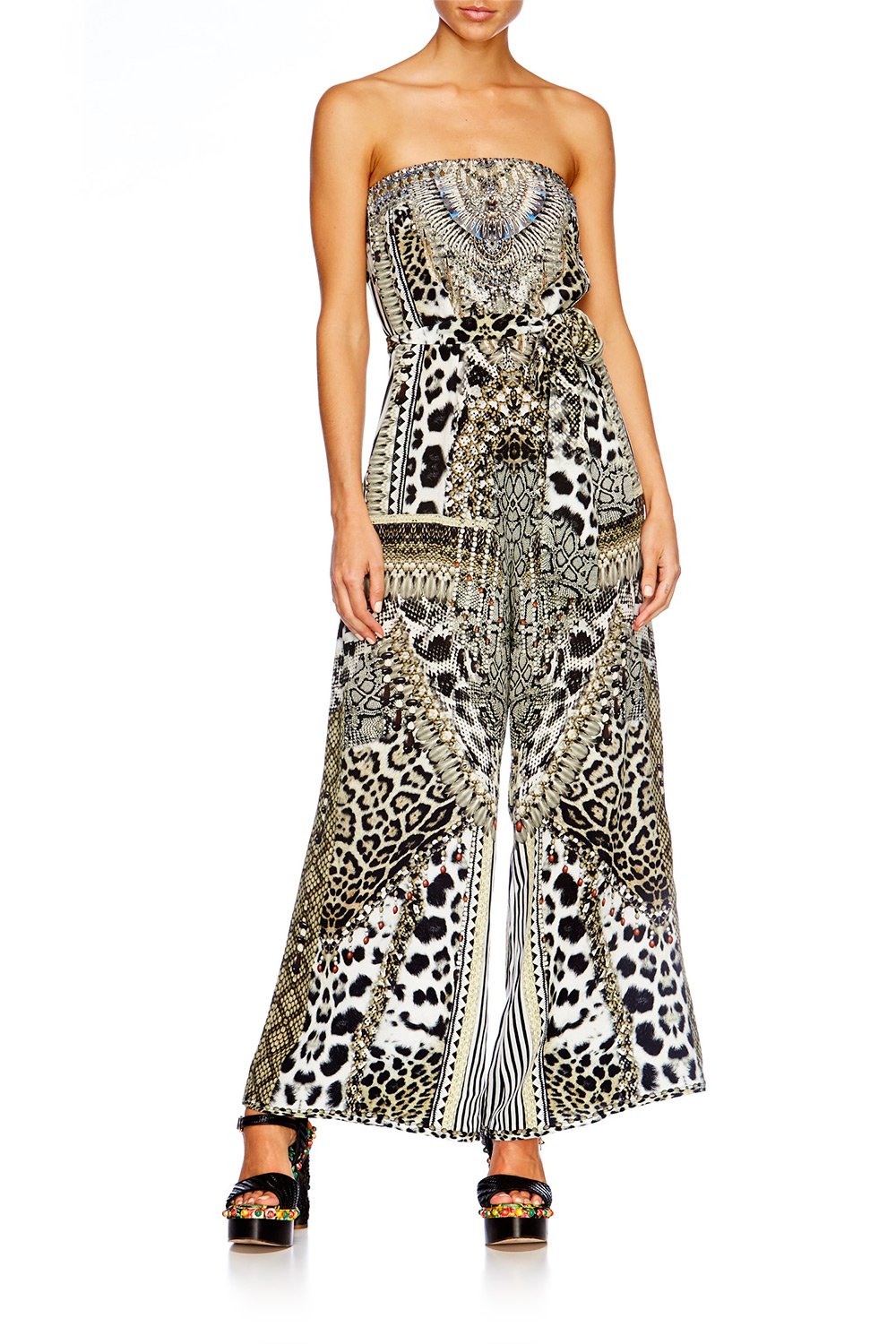ANIMAL INSTINCT TIE WAIST STRAPLESS JUMPSUIT
